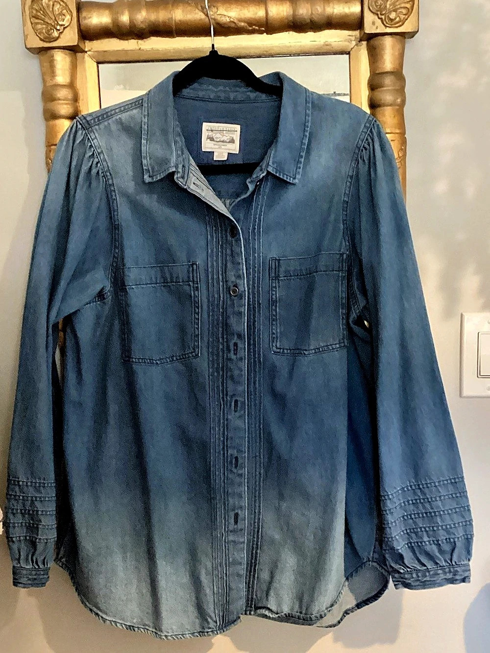 American Eagle Blue Denim Button-Down Shirt with ribbed puffy sleeves